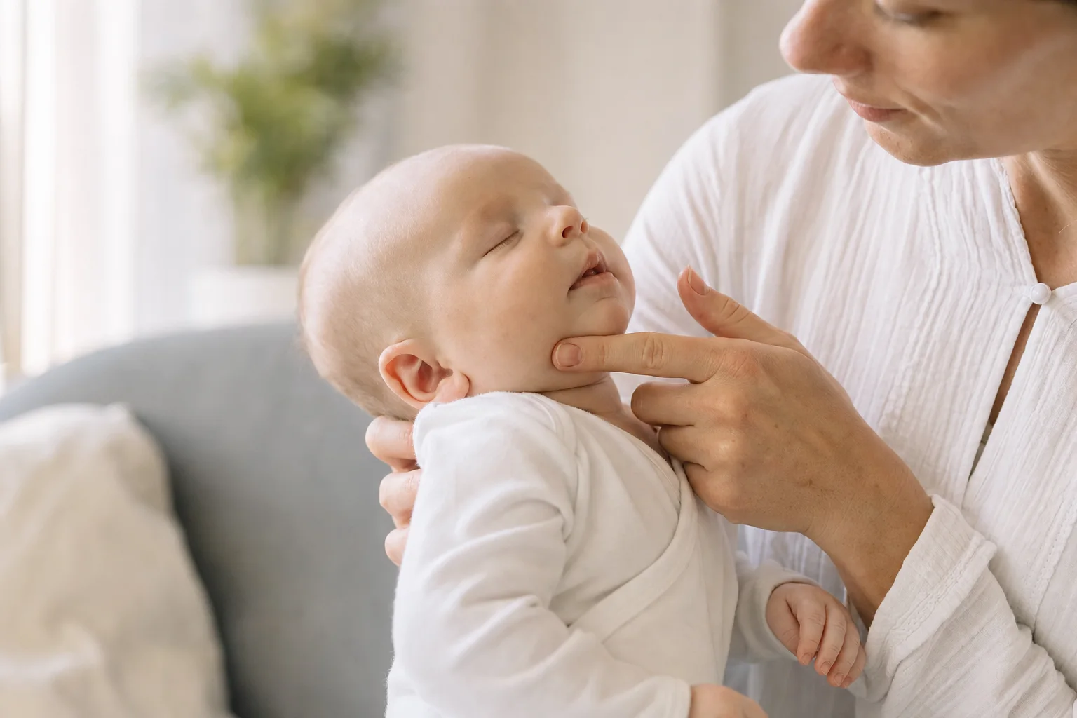 Elternteil massiert sanft den Kiefer des Babys
