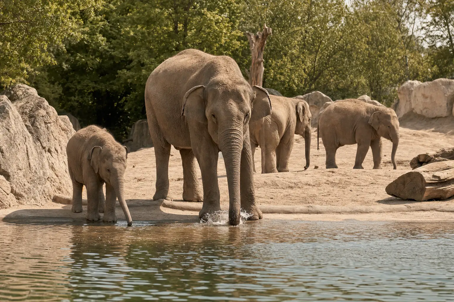 Elefanten an einer Wasserstelle in einer Zoo-Anlage