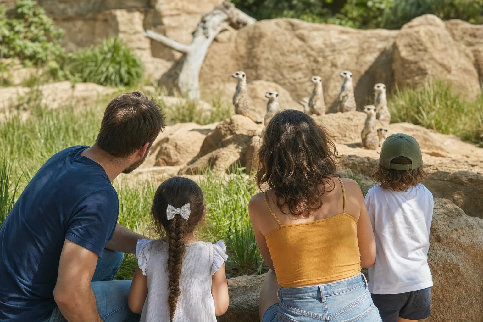 Familie beobachtet Erdmännchen im Zoo