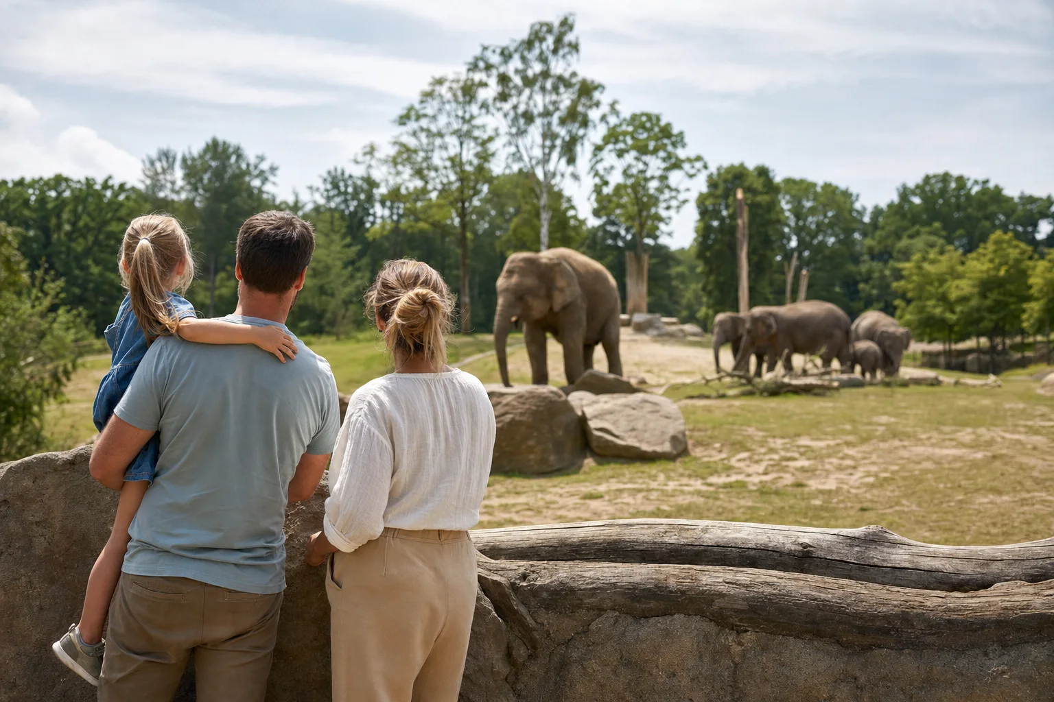 Elefanten auf einer offenen Freianlage in einem Zoo