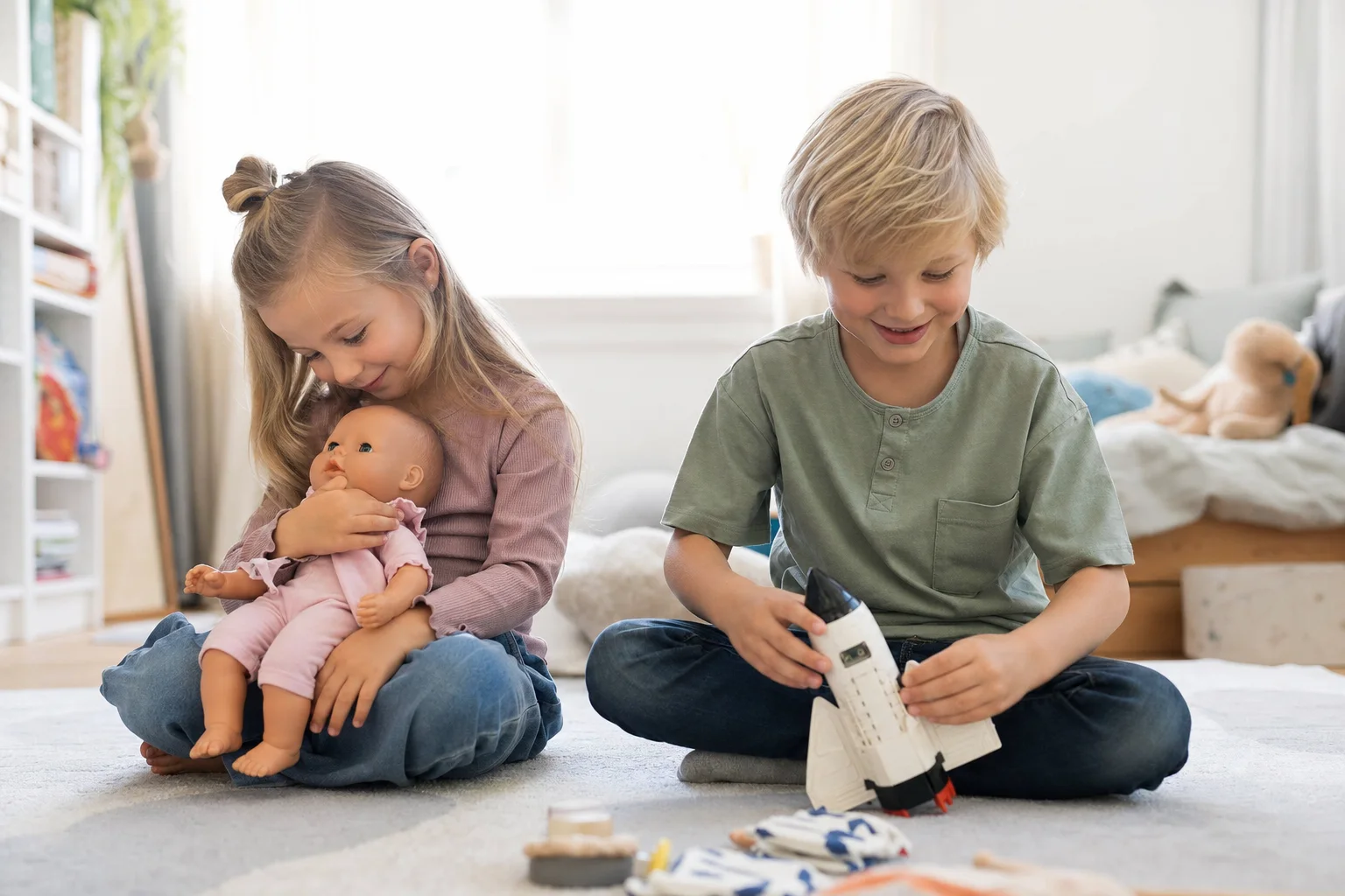 Zwei Kinder spielen individuell mit unterschiedlichen Dingen