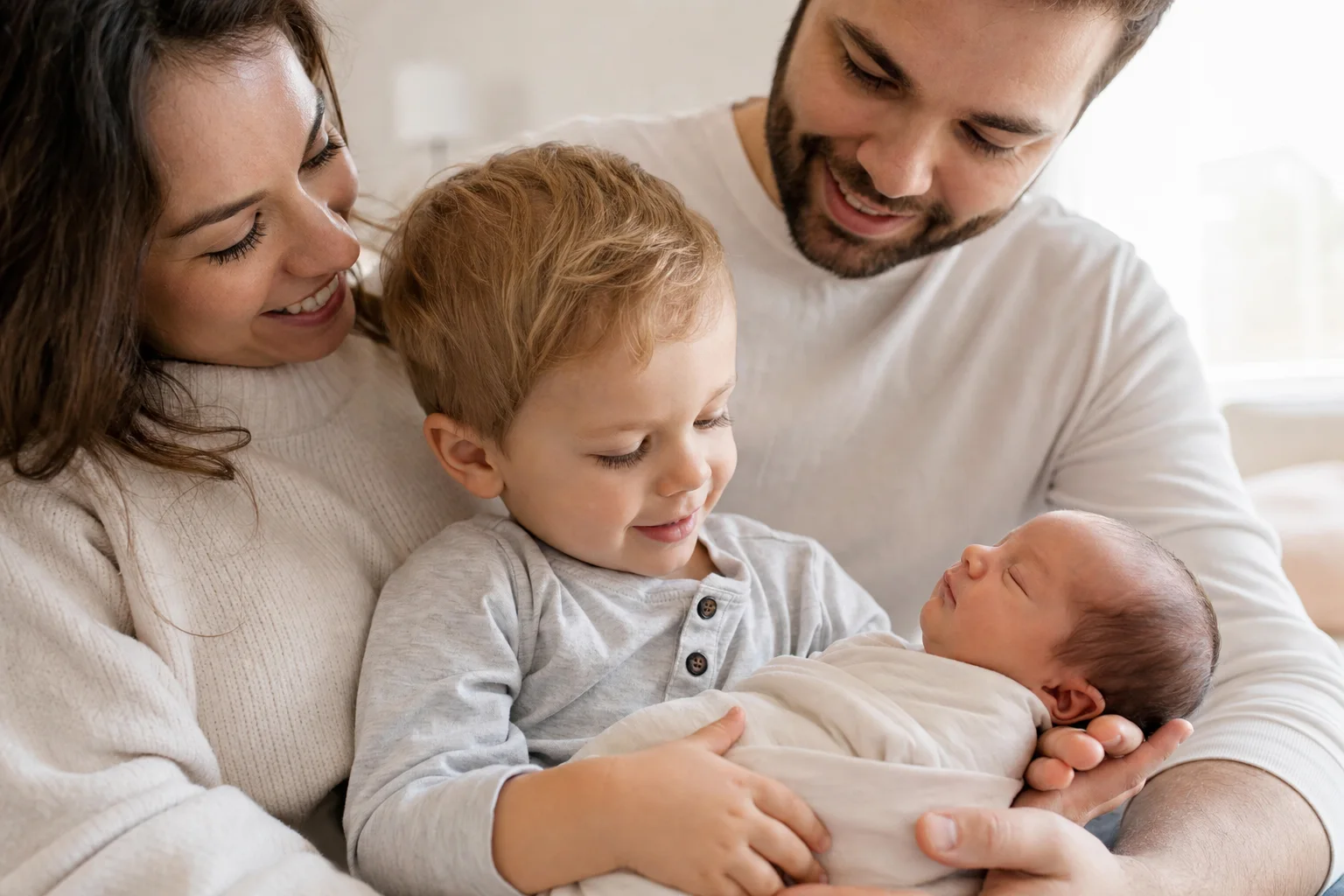 Kind betrachtet liebevoll sein neugeborenes Geschwisterbaby