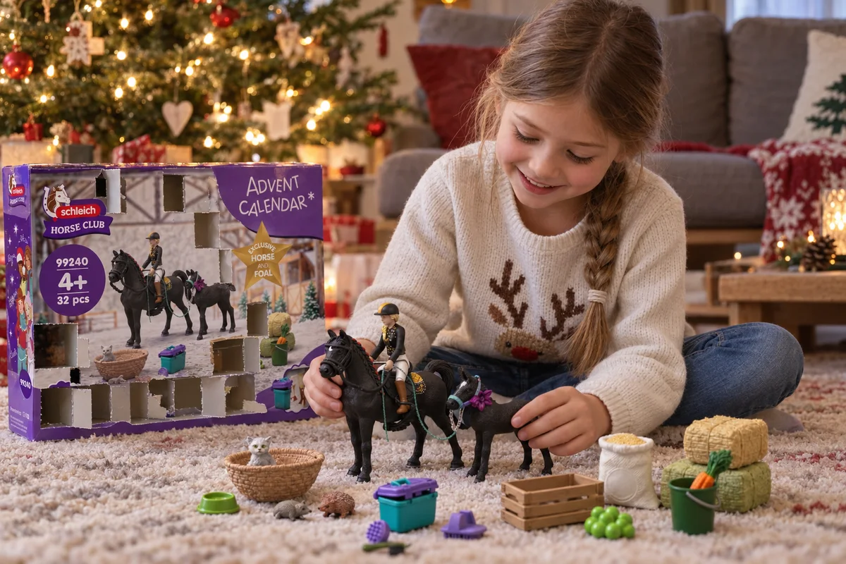 Mädchen spielt mit Pferdefiguren aus dem schleich Horse Club Adventskalender